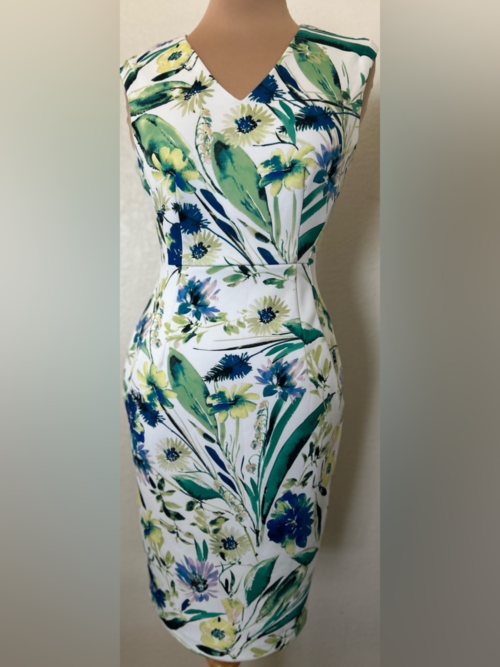 Calvin Klein White Midi Sheath Dress with Green & Blue Floral Print